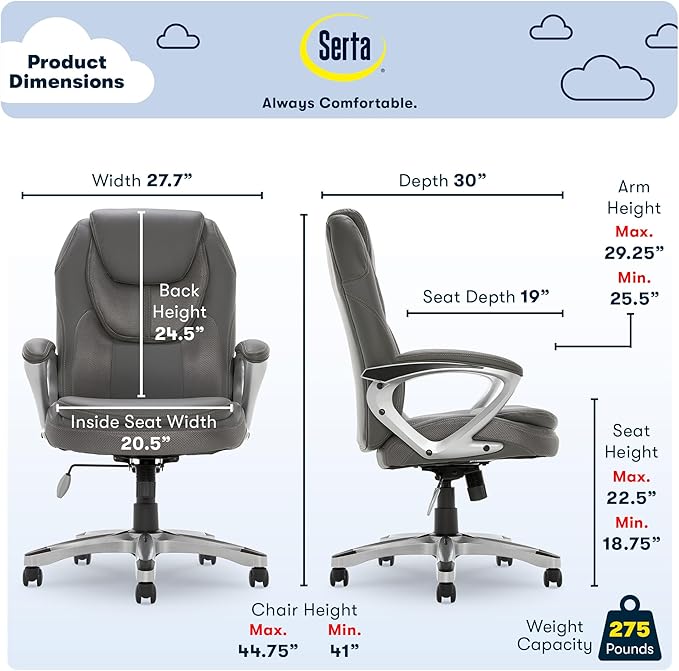 Serta Executive Office Padded Arms, Adjustable Ergonomic Gaming Desk Chair with Lumbar Support, Faux Leather and Mesh, Light Gray - LeafyLoom