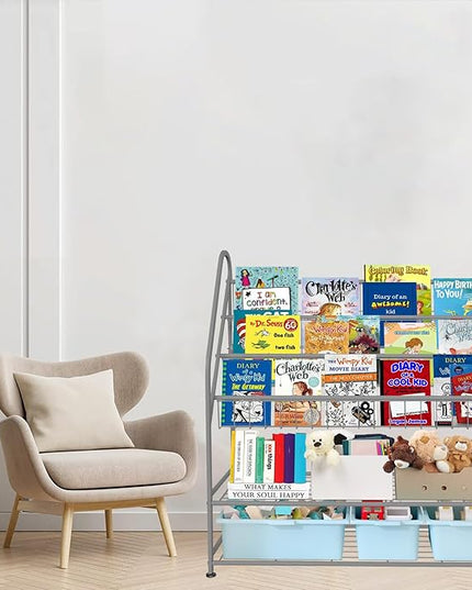 aboxoo Metal Kids Bookshelf Grey Bookcase LargeFreestanding for Children Room 32 in Toy Organizer Large Stable Bookcase Bookstore Library Book Unit Storage Kids Bed Living Room - LeafyLoom