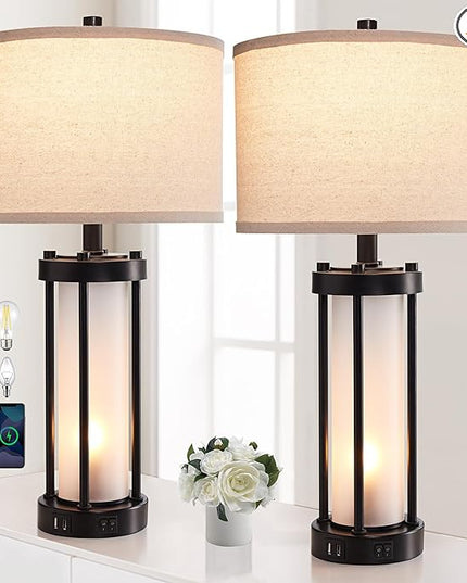 Set of 2 Modern Table Lamps for Living Room with 2 USB Ports, White Frosted Glass Nightlight for Bedroom, Contemporary Desk Lamps for Nightstand End Table Entryway, 4 Bulbs Included (Black) - LeafyLoom