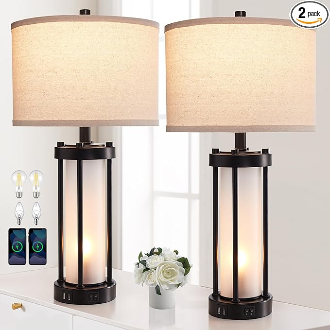 Set of 2 Modern Table Lamps for Living Room with 2 USB Ports, White Frosted Glass Nightlight for Bedroom, Contemporary Desk Lamps for Nightstand End Table Entryway, 4 Bulbs Included (Black) - LeafyLoom