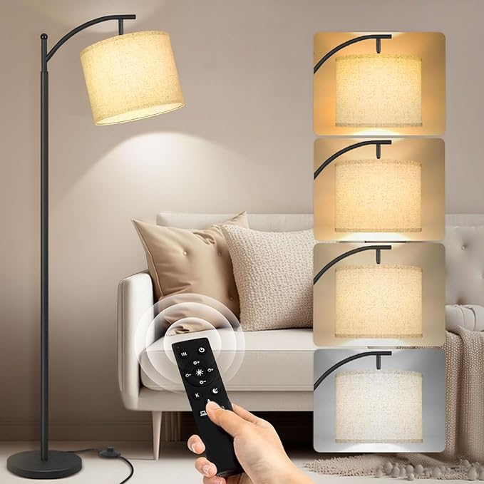 PESRAE Arc Floor Lamp with Remote Control, 9W/1000LM Stepless 3000K-6000K LED Bulb Included, Standing Lamp with Tall lamp with Adjustable Linen Lampshade for Bedroom,Living Room - LeafyLoom