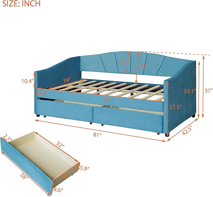 Twin Size Upholstered Daybed with Two Drawers, Wood Slat Support Sofa Bed with Armrest, No Box Spring Needed, Easy to Assemble, for Studio, Bedroom, Living, Guest Room, Blue - LeafyLoom