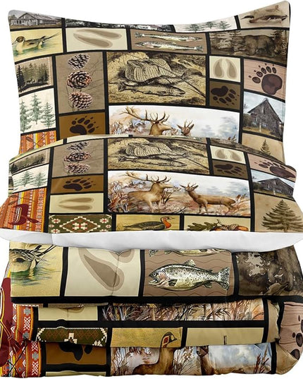 LUVIVIHOME 3PCS Rustic Lodge Comforter Set Full Size, Fish Bear Deer Cabin Bedding Set for Men, Forest Animals Elk Moose Duck Wildlife Hunting Fishing Farmhouse Country Patchwork Quilt, 2 Pillow Shams - LeafyLoom