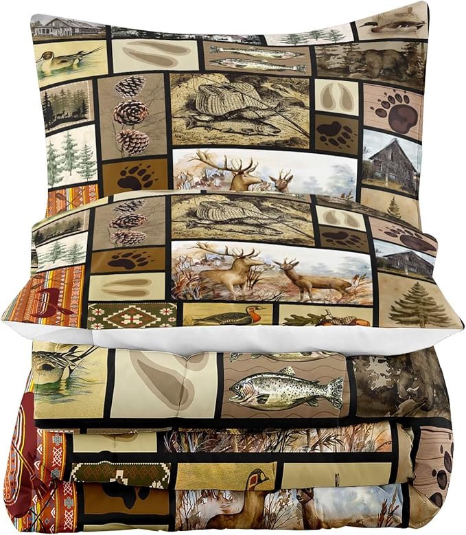LUVIVIHOME 3PCS Rustic Lodge Comforter Set Full Size, Fish Bear Deer Cabin Bedding Set for Men, Forest Animals Elk Moose Duck Wildlife Hunting Fishing Farmhouse Country Patchwork Quilt, 2 Pillow Shams - LeafyLoom