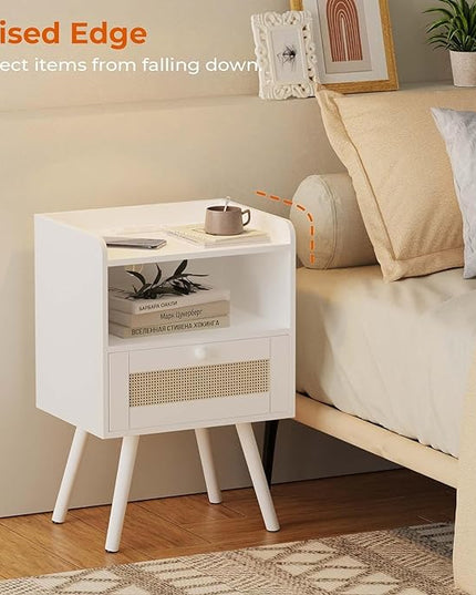 SUPERJARE Nightstand with Charging Station & Rattan-Like Decor Drawer, Rattan End Table with Solid Wood Feet, Bed Side Table with Open Storage, for Bedroom, Living Room, Dormitory - White - LeafyLoom