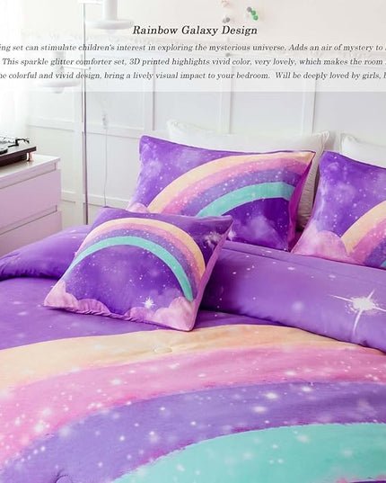 Purple Rainbow Girls Full Size Comforter Set, 6 Pieces Gradient Glitter Kids Bedding Sets, Galaxy Kids Bedroom Decor Bed in A Bag with Sheets for Girls Teens - LeafyLoom