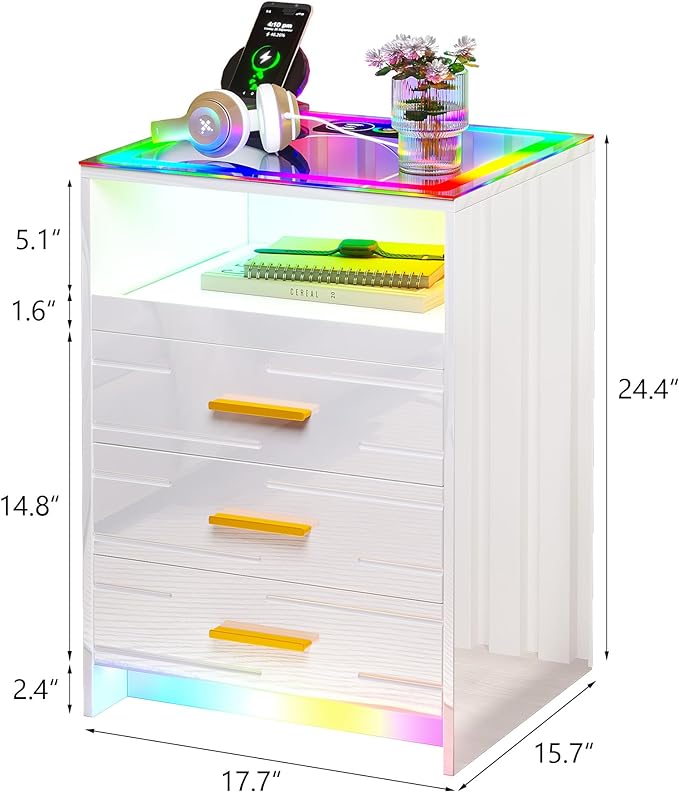 HNEBC High Gloss Nightstand with Wireless Charging Station, Smart Night Stand with RGB Dynamic Lighting, Modern Bed Side Table with Drawers Sliding Tray, Glass Tabletop, Motion Sensor Lights(C White) - LeafyLoom