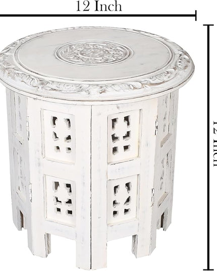 Altar Table,Round Side Table,Small Table, Round End Table,Side Table, Side Tables Living Room,End Table,Carved Side Table,Wood Accent Table,Carved Wood Table 12" Round Top x 12" High White Antique - LeafyLoom