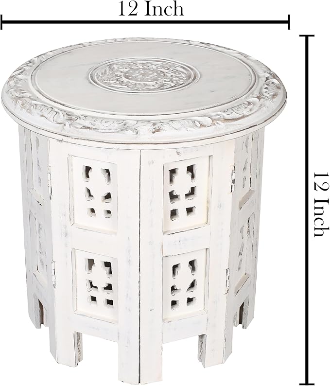 Altar Table,Round Side Table,Small Table, Round End Table,Side Table, Side Tables Living Room,End Table,Carved Side Table,Wood Accent Table,Carved Wood Table 12" Round Top x 12" High White Antique - LeafyLoom