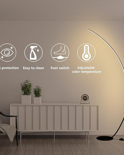 Arc Floor Lamp 65" Modern Standing Lamp with Remote, Black LED Arch Lamps for Living Room Bedroom Office, 3 Color Temperature & Stepless Dimmable Arched Reading Lamp - LeafyLoom