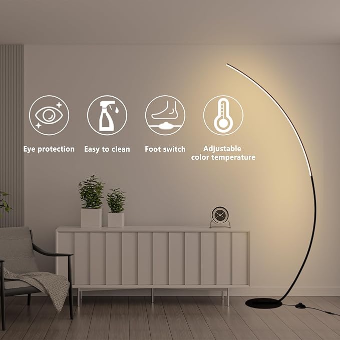 Arc Floor Lamp 65" Modern Standing Lamp with Remote, Black LED Arch Lamps for Living Room Bedroom Office, 3 Color Temperature & Stepless Dimmable Arched Reading Lamp - LeafyLoom