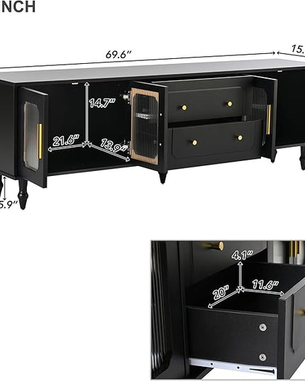 Merax Retro Design TV Stand with Fluted Glass Doors and 2 Drawers and Cabinets for Televisions Up to 78'', Practical Media Console, Elegant Entertainment Center for Living Room, Black - LeafyLoom