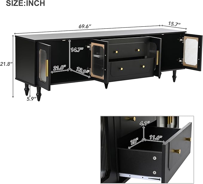 Merax Retro Design TV Stand with Fluted Glass Doors and 2 Drawers and Cabinets for Televisions Up to 78'', Practical Media Console, Elegant Entertainment Center for Living Room, Black - LeafyLoom
