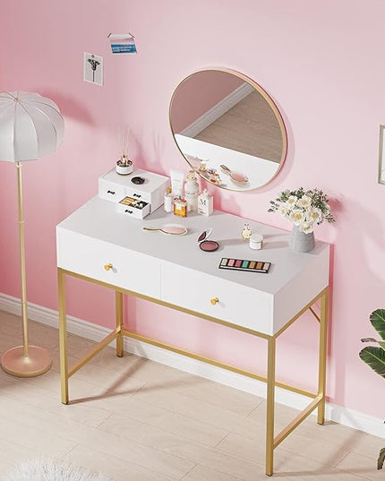 SUPERJARE 35.4" White and Gold Desk with 2 Drawers, Modern Makeup Vanity Desk, Small Computer Desk Home Office Desk for Writing Study Bedroom - LeafyLoom