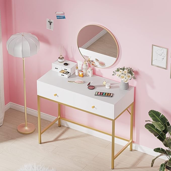 SUPERJARE 35.4" White and Gold Desk with 2 Drawers, Modern Makeup Vanity Desk, Small Computer Desk Home Office Desk for Writing Study Bedroom - LeafyLoom