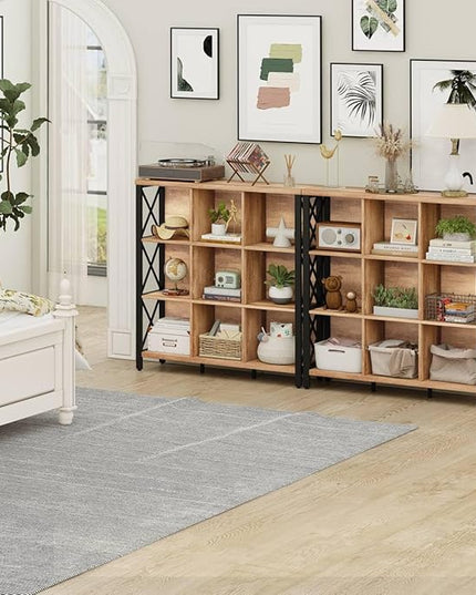 FATORRI 9 Cube Storage Bookshelf, Industrial 4 Shelf Book Shelf, Farmhouse Wood and Metal Cubby Bookcase for Home Office (39.37" W, Rustic Oak) - LeafyLoom