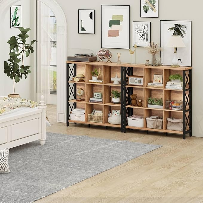 FATORRI 9 Cube Storage Bookshelf, Industrial 4 Shelf Book Shelf, Farmhouse Wood and Metal Cubby Bookcase for Home Office (39.37" W, Rustic Oak) - LeafyLoom