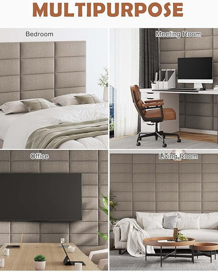 Upholstered Wall Mounted Headboard, 3D Soundproof Wall Panels Peel and Stick Headboard for Queen Size, Reusable and Removable Tufted Bed Headboard in Linen(9 Panels, 10" x 24") - LeafyLoom