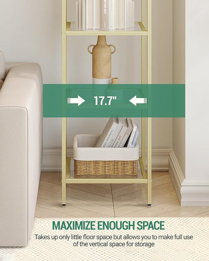 Bookcase Bookshelf, Tempered Glass Arched Bookshelf for More Storage, Slim Shelving Unit for Bedroom, Bathroom, Home Office, Steel Frame, 5 Tier Gold BC20599G - LeafyLoom