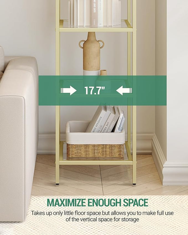 Bookcase Bookshelf, Tempered Glass Arched Bookshelf for More Storage, Slim Shelving Unit for Bedroom, Bathroom, Home Office, Steel Frame, 5 Tier Gold BC20599G - LeafyLoom