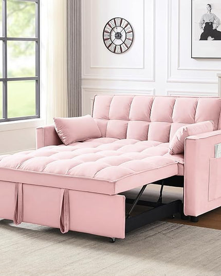 Loveseat Sofa Bed Convertible Chair with 2 Pockets & 2 Pillows for Living Room, Pink - LeafyLoom