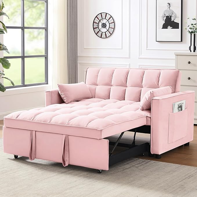 Loveseat Sofa Bed Convertible Chair with 2 Pockets & 2 Pillows for Living Room, Pink - LeafyLoom