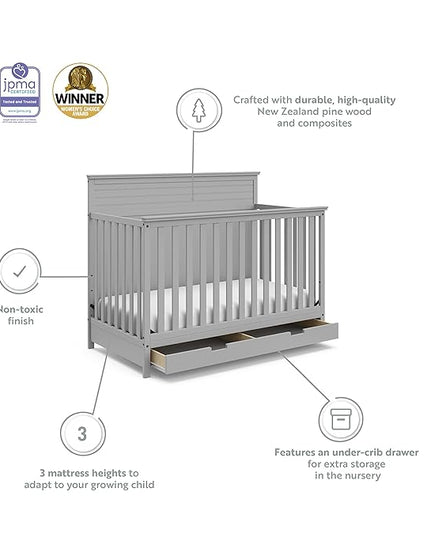STORKCRAFT Homestead 5-in-1 Convertible Crib with Drawer (Pebble Gray) – GREENGUARD Gold Certified, Crib with Drawer Combo, includes Nursery Storage Drawer, Converts to Toddler Bed and Full-Size Bed - LeafyLoom