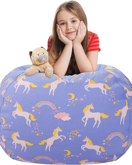 Aubliss Stuffed Animal Bean Bag Storage Chair (Light Blue Unicorn, Medium (32'')) - LeafyLoom