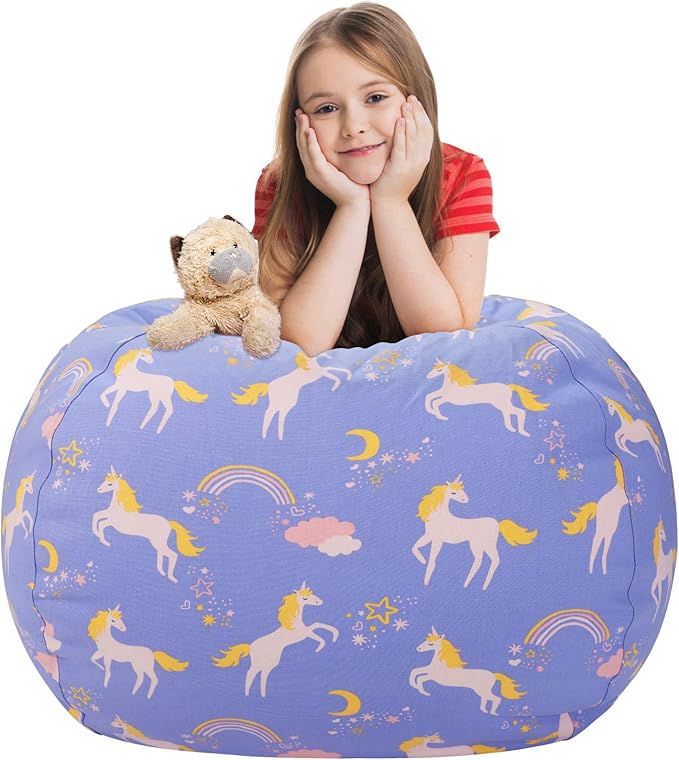 Aubliss Stuffed Animal Bean Bag Storage Chair (Light Blue Unicorn, Medium (32'')) - LeafyLoom