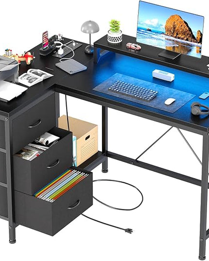 L Shaped Desk with Power Outlets & LED Lights, Computer Desk with Drawers & Shelves, Corner Desk Gaming Desk Home Office Desk, Black - LeafyLoom