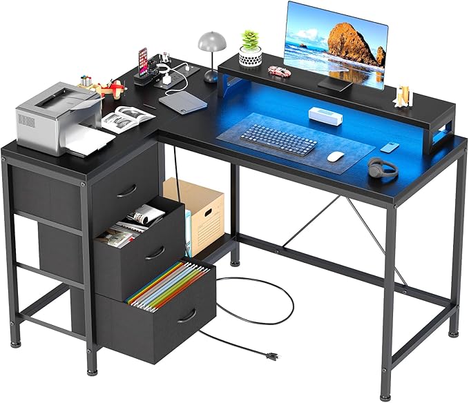 L Shaped Desk with Power Outlets & LED Lights, Computer Desk with Drawers & Shelves, Corner Desk Gaming Desk Home Office Desk, Black - LeafyLoom