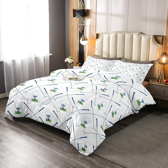 Erosebridal Golf Comforter Set King Size Golf Club Bedding Set Sport Game Athlete Grass Leaf Branches Down Comforter for Men, Room Decorative 3 Pieces Comforter with 2 Pillowcases, White - LeafyLoom