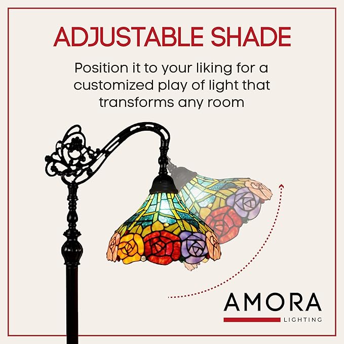 Amora Tiffany Floor Lamp - Arched, Stained Glass 62” with Foot Switch Operation and Adjustable Lamp Shade - Custom Handcrafted Floor Lamps for Living Room in Red Yellow Green Rose Flower - LeafyLoom
