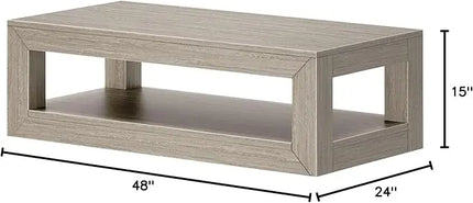 Plank+Beam Modern Rectangular Coffee Table with Shelf, Solid Wood, 48 Inch, Center Table with Storage, 2 Tier Tea Table for Living Room, Seashell Wirebrush - LeafyLoom