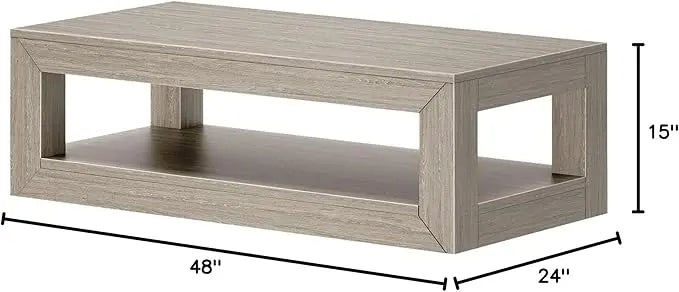 Plank+Beam Modern Rectangular Coffee Table with Shelf, Solid Wood, 48 Inch, Center Table with Storage, 2 Tier Tea Table for Living Room, Seashell Wirebrush - LeafyLoom