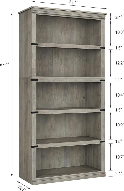 GAOMON 5 Tier Bookcase, Farmhouse Book shelf with Storage Open Display Bookshelves, 67.4" Tall Book Case Wooden 5 Shelf Bookcase Home Decor Furniture for Home Office, Living Room, Bed Room - Grey - LeafyLoom