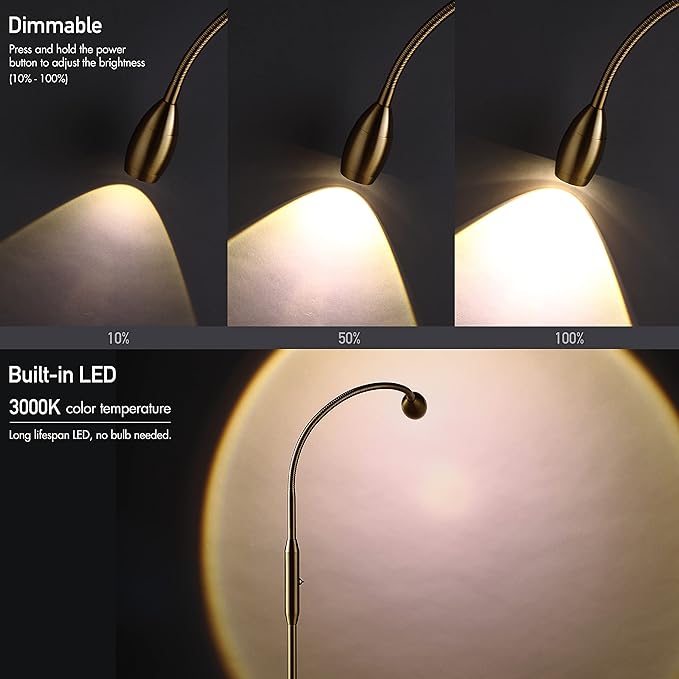 O’Bright Ray – Adjustable LED Beam Floor Lamp, Dimmable and Zoomable Spotlight, Flexible Gooseneck, Reading/Crafting Standing Lamp, Work Table Light, Antique Brass - LeafyLoom