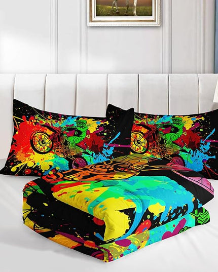 Axolotl Motocross Bedding Set Full,Dirt Bike Comforter Set,Extreme Sports Bedding,Motorcycle Racer Comforter Set Motocross Comforter Motor Vehicles Biker for Boys Kids Teens Men,1 Quilt 2 Pillowcases - LeafyLoom