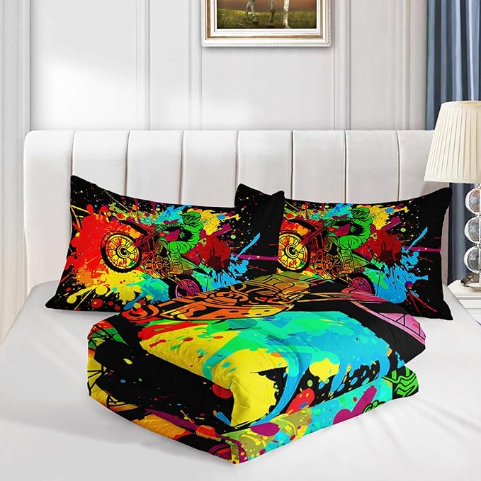 Axolotl Motocross Bedding Set Twin,Dirt Bike Comforter Set,Extreme Sports Bedding,Motorcycle Racer Comforter Set Motocross Comforter Motor Vehicles Biker for Boys Kids Teens Men,1 Quilt 2 Pillowcases - LeafyLoom