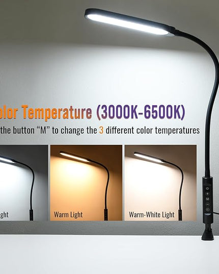 Clamp on Lamp, LED Clamp Desk Lamp, 3000 LMS, 18W, CRI>95, 3 Color Modes, 16 Brightness Levels, Eye-Caring Task Lamp with Remote for Reading, Office, 0.5H/1H Timer (Adapter Included) - LeafyLoom