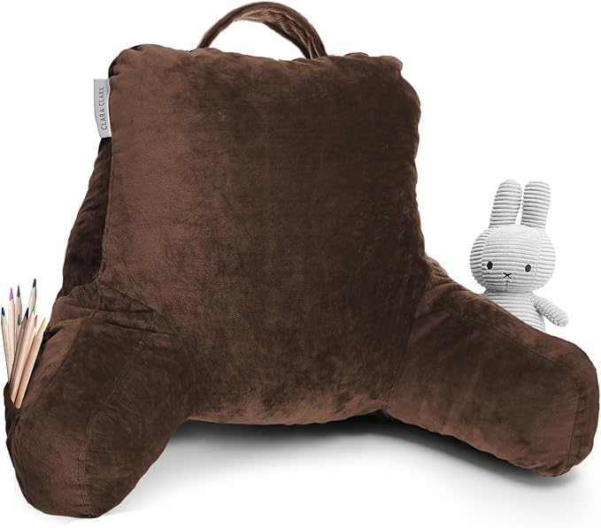 Clara Clark Reading Pillow for Kids, Small Back Pillow for Sitting Up in Bed, Memory Foam Back Support Pillow, Reading Pillows for Sitting in Bed, Chocolate Brown Gaming Pillow with Arms and Pockets - LeafyLoom