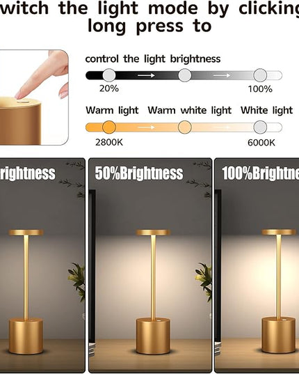 2Pack Cordless Table Lamp, Rechargeable LED Battery 5000mAh Metal USB Portable Powered Desk Lamp, 3 Levels Brightness Light for Restaurants Outdoor (2pack 10.25in Gold) - LeafyLoom