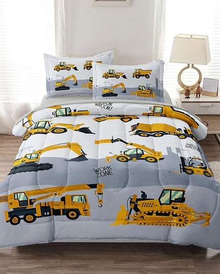 4-Pcs Construction Twin Size Boys Bedding Set, Kids Comforter Set for Teens with Sheets and Pillowcase, Soft Grey Tractor Cars Bed in a Bag Sets - LeafyLoom