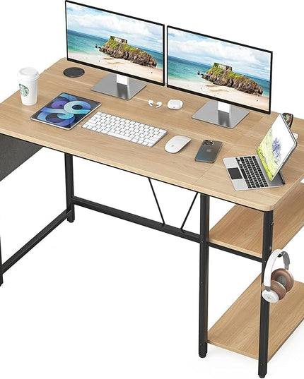 Computer Desk, 47.2” Home Office Desks, Modern Small Desk for Bedroom, Gaming Desk with Iron Hook and Height Adjustable Feet, Sturdy Student Writing Desk with Storage Bag, Storage Shelves - LeafyLoom
