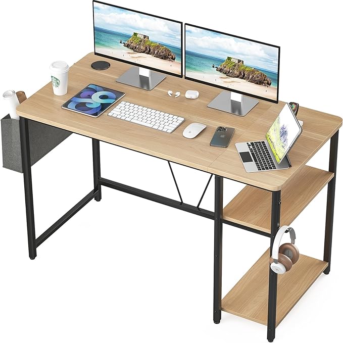 Computer Desk, 47.2” Home Office Desks, Modern Small Desk for Bedroom, Gaming Desk with Iron Hook and Height Adjustable Feet, Sturdy Student Writing Desk with Storage Bag, Storage Shelves - LeafyLoom