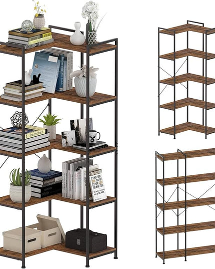 Bookshelf 5 Tier Deformable Corner Bookcase Free Standing Modern Industrial Book Storage Display Book Shelf for Bedroom Living Room Study Room Office (Brown) - LeafyLoom