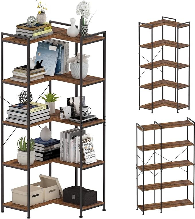 Bookshelf 5 Tier Deformable Corner Bookcase Free Standing Modern Industrial Book Storage Display Book Shelf for Bedroom Living Room Study Room Office (Brown) - LeafyLoom