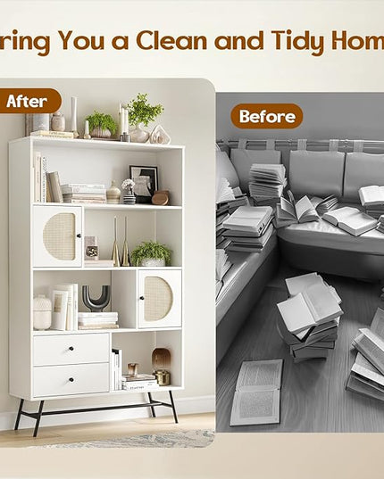 Soohow 4 Shelf Bookcase and Bookshelves with Drawer, 65” Tall Bookcases with Storage Shelves, Bookshelves and Bookcases with Rattan Cabinet and Metal Legs for Home Office, Living Room and Bedroom. - LeafyLoom