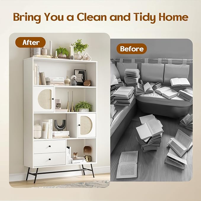 Soohow 4 Shelf Bookcase and Bookshelves with Drawer, 65” Tall Bookcases with Storage Shelves, Bookshelves and Bookcases with Rattan Cabinet and Metal Legs for Home Office, Living Room and Bedroom. - LeafyLoom