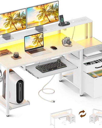 AODK 55 Inch Computer Desk with Power Outlet and LED Light, Reversible Office Desk with File Cabinet and Drawer, Gaming Desk with Keyboard Tray, Study Table with Full Monitor Riser and PC Stand, White - LeafyLoom
